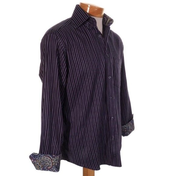 Bugatchi Mens Small 14-14.5 Long Sleeve Striped Shirts With Contrast Cuffs & Col - Picture 5 of 9